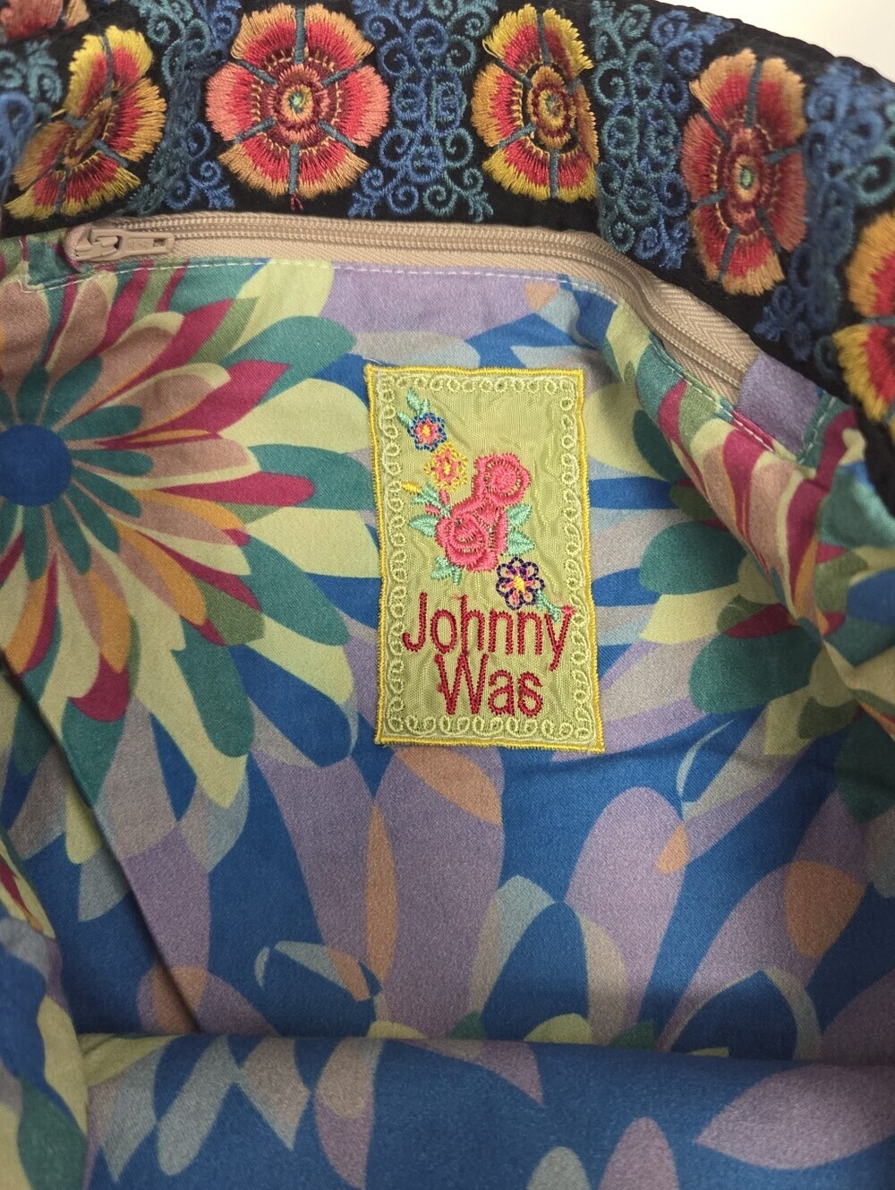 Johnny Was Embroidered Silk Floral Bird Tote Bag Purse - Picture 9 of 13
